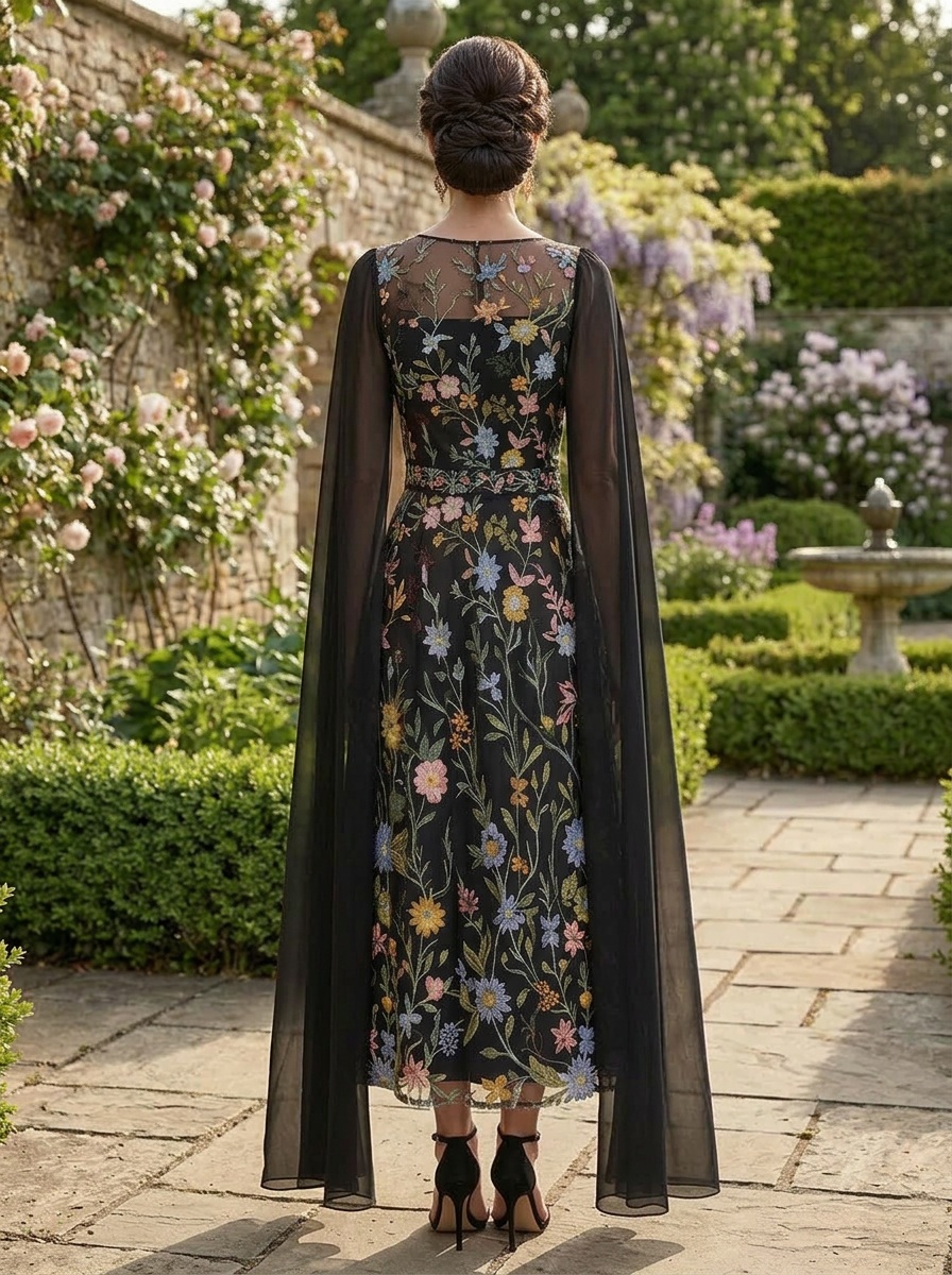 Floral Embroidery A-Line Scoop Neck Mother of the Bride & Groom Dresses with Chiffon Sash